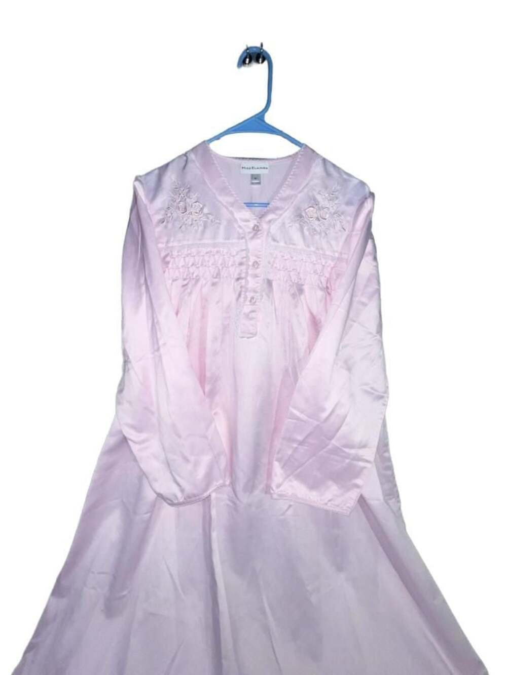 Miss Elaine Brushed Back Satin Embroidered Long Sleeve Nightgown Pink Medium